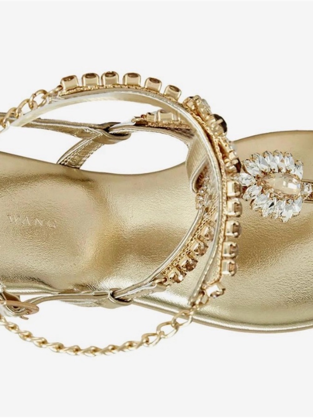 Women's Gold Jeweled T-Strap Sandals with Chain Ankle Strap - Picture 4 of 5